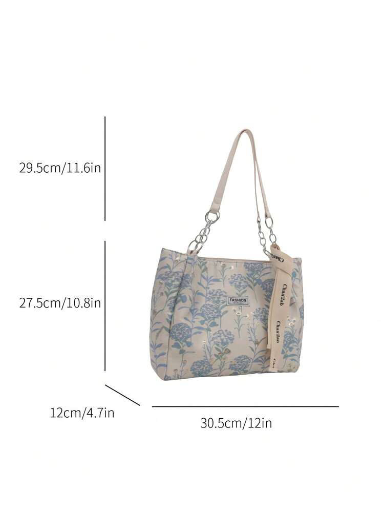 Fashionable Retro Floral Embroidered Large Capacity Letter Scarf Decor Portable Handbag, Polyester Material Single Compartment Tote Bag, Suitable For Women Shopping, Commuting, Travel And Daily Use - Multicolor - View 2