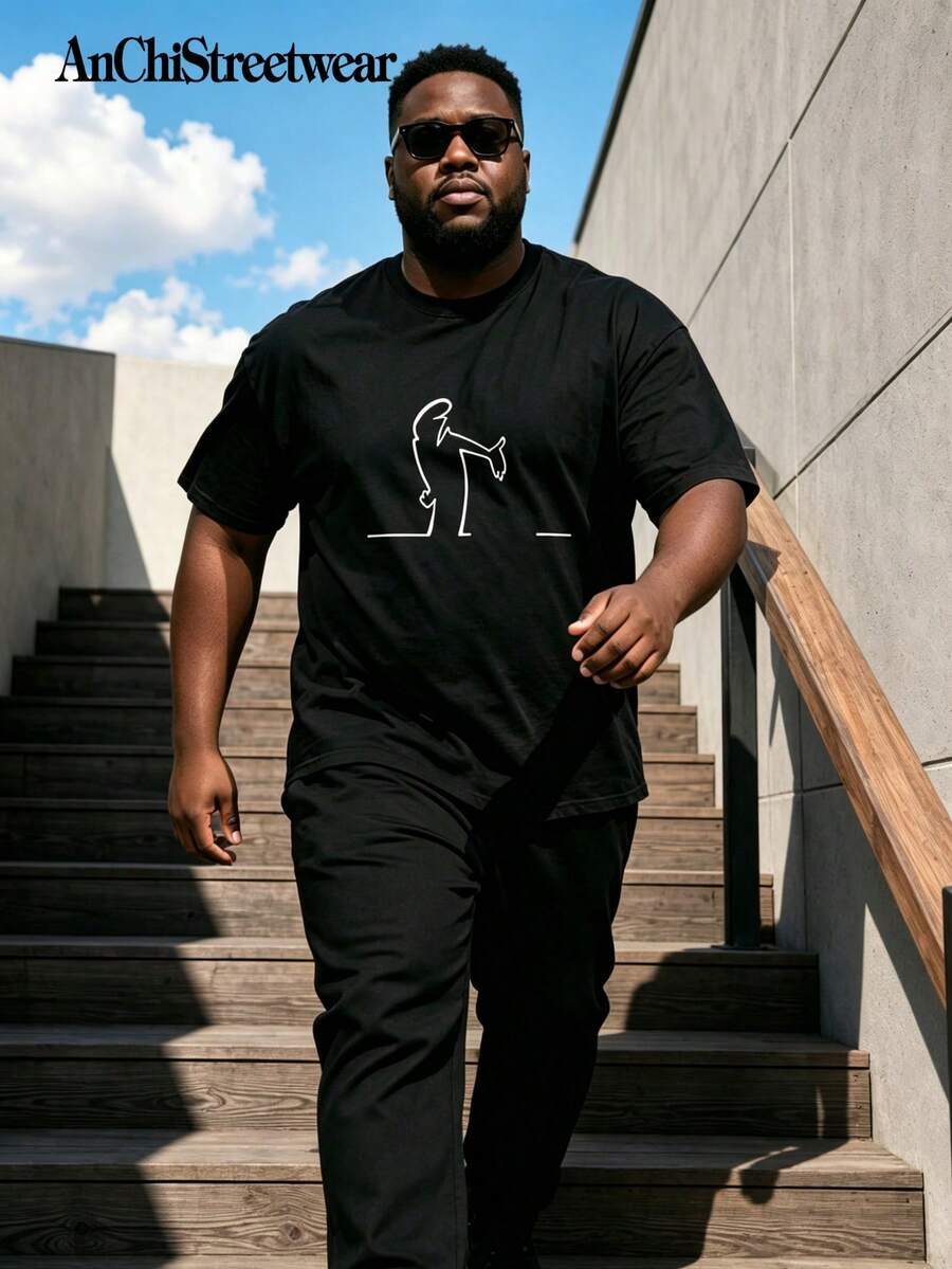 AnChiStreetwear - 大码男士时尚“Goodness”简约印花休闲短袖T恤,适合日常穿着、街头风、户外穿着 - 黑色 - 查看 1