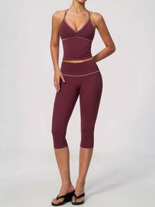 NcmRyu Women's One Set Contrast Color White Line Spaghetti Strap V-Neck Y-Back Tank Top And Hip-Lifting Mid-Length Shorts Sports Set - Red - View 6