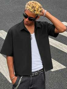 HOMIIE Men Black Short Sleeve Button Down Shirt, Lapel Collar Dual Chest Pockets Loose Cropped Top, Streetwear Back To School Outfit - Black - View 1