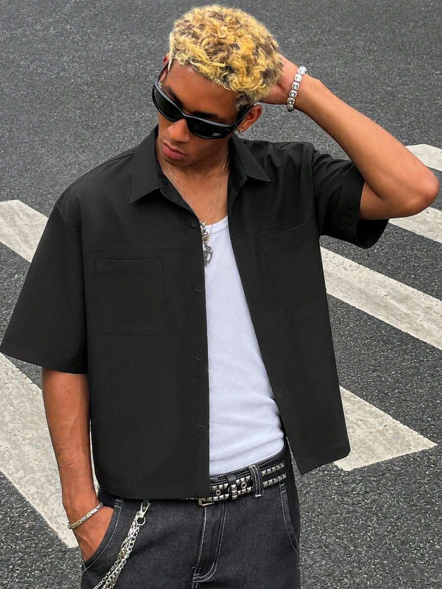 HOMIIE Men Black Short Sleeve Button Down Shirt, Lapel Collar Dual Chest Pockets Loose Cropped Top, Streetwear Back To School Outfit - Black - View 1