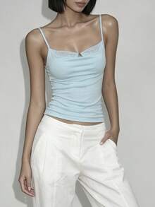 Top Dazzle Chic Women's Turquoise Knitted Short Sleeve V-Neck Top, Regular Hem And Ruffle Neck Details, Medium Stretch For A Stunning Fit - Blue - View 5