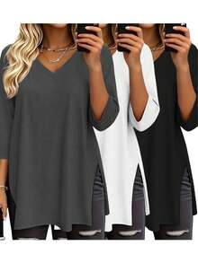3pcs Plus Size Solid Color V-Neck Short Sleeve Casual Tops, Fashion Spring/Summer New Loose Fit Side Slit Mid-Length T-Shirts For Women, Versatile Streetwear Daily Outing Style - Black+White+Dark Grey - View 1