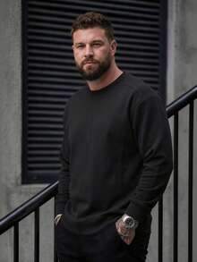 Plus Size Men's Crew Neck Sweatshirt, Solid Color Shoulder Patchwork Loose Casual Long Sleeve Pullover, Spring/Autumn - Black - View 2