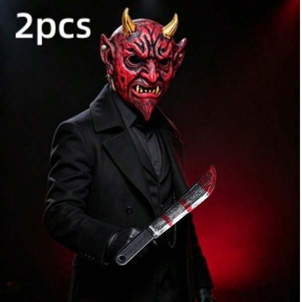 2 Peças Máscara de Diabo Vermelho com Chifres Dourados e Faca Realista Ensanguentada, Acessórios de Fantasia de Terror Gótico para Festa de Halloween, Casa Assombrada, Festa com Tema de Diabo