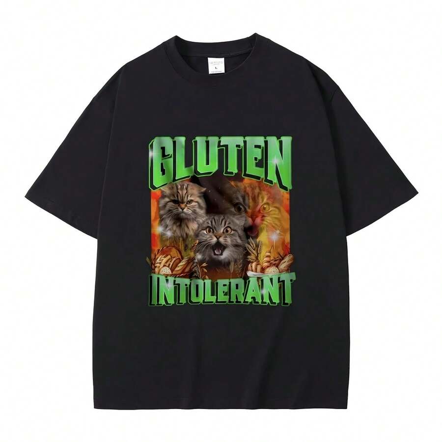 Camiseta con estampado de meme divertido de un gato tolerante, moda urbana oversize para hombres y mujeres, casual, cómoda, de algodón puro, manga corta. - forma - Ver 1