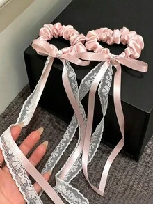 4/2pcs Rhinestone Lace Satin Ribbon Scrunchies, High Elasticity Non-Damaging Hair Accessories, Sweet And Cute Hair Ties - Suitable For Girls And Women, Daily, Vacation, School, Dating - Multicolor - View 6