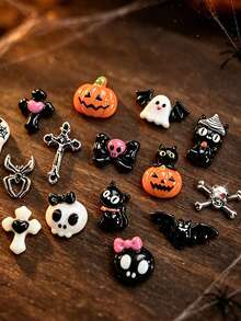 15-Grid Cute & Spooky Halloween Mixed Nail Art Charms, 3D Resin Pumpkin, Ghost, Black Cat, Bat, Bow, Skull & Silver Cross Alloy Nail Studs, Cute Gothic Style Mini Nail Decorations, Holiday DIY Nail Art Supplies - Multicolor - View 7