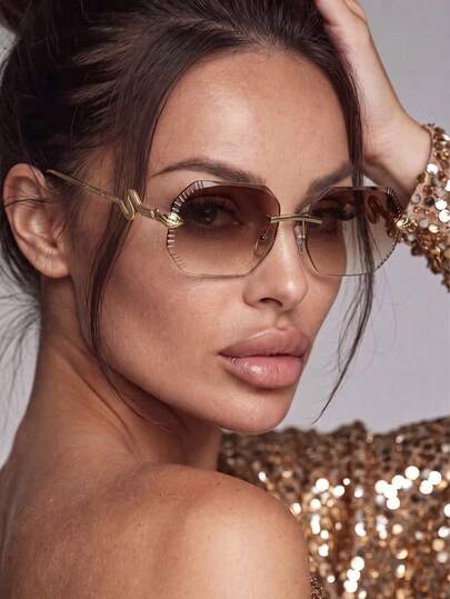 1PC Women's Frameless Polygonal Metal Snake-Leg Street Retro, Decorated Temple High-End Personalized Rectangular Asymmetrical Cut Bohemian Elegant Vacation Y2K Multi-Color Ocean Film Decorated Fashion Glasses, Unisex, Suitable For Travel, Driving, Dating, Street Photography, Beach, Sand, Etc.