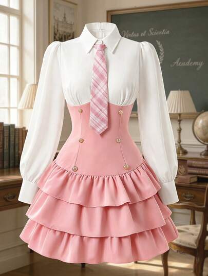 Autumn Teen Girls Tie And Color Block Shirt Long Sleeve Layered Dress, Preppy Style