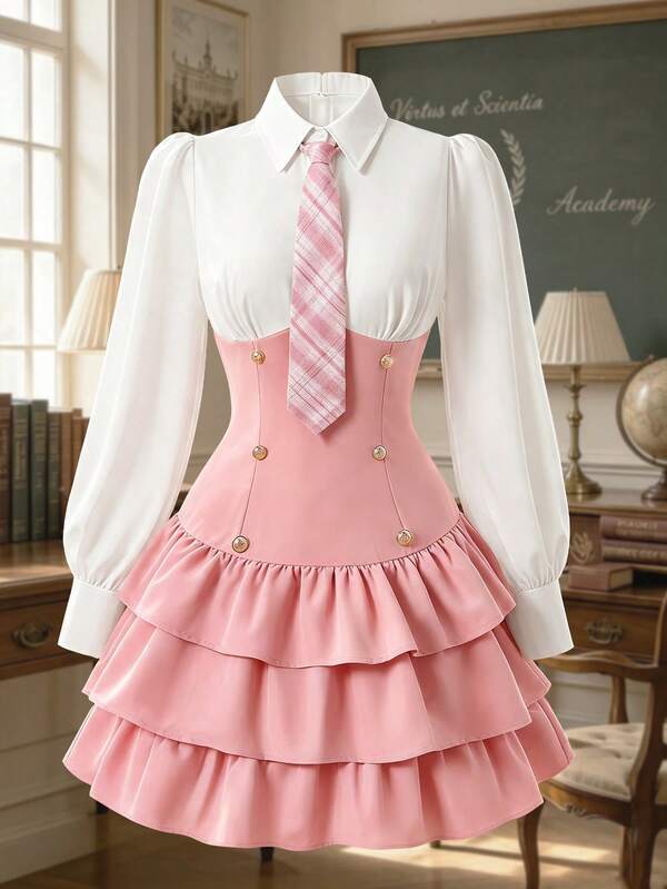 Autumn Teen Girls Tie And Color Block Shirt Long Sleeve Layered Dress, Preppy Style