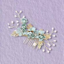 1pc Vintage Gold Wire Light Green Flower Faux Pearl Beaded Handmade Hair Comb Headpiece, Boho Bridal Headdress, Suitable For Weddings, Bridesmaids, Galas, Birthday Parties, Summer - Green - View 3