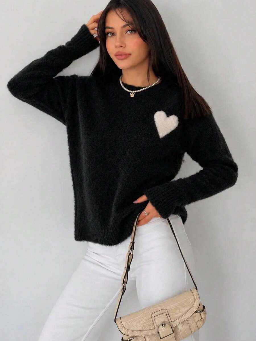 Women's Heart Patterned Beard Knitwear Soft Sweater - Black - View 1