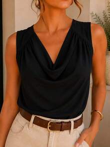 Blusa Elegante Feminina  Simples Drapeado Enrugado Nó Regata Gola Boba Casual Chic Moda Blusa Romantica - Preto - Visão 6