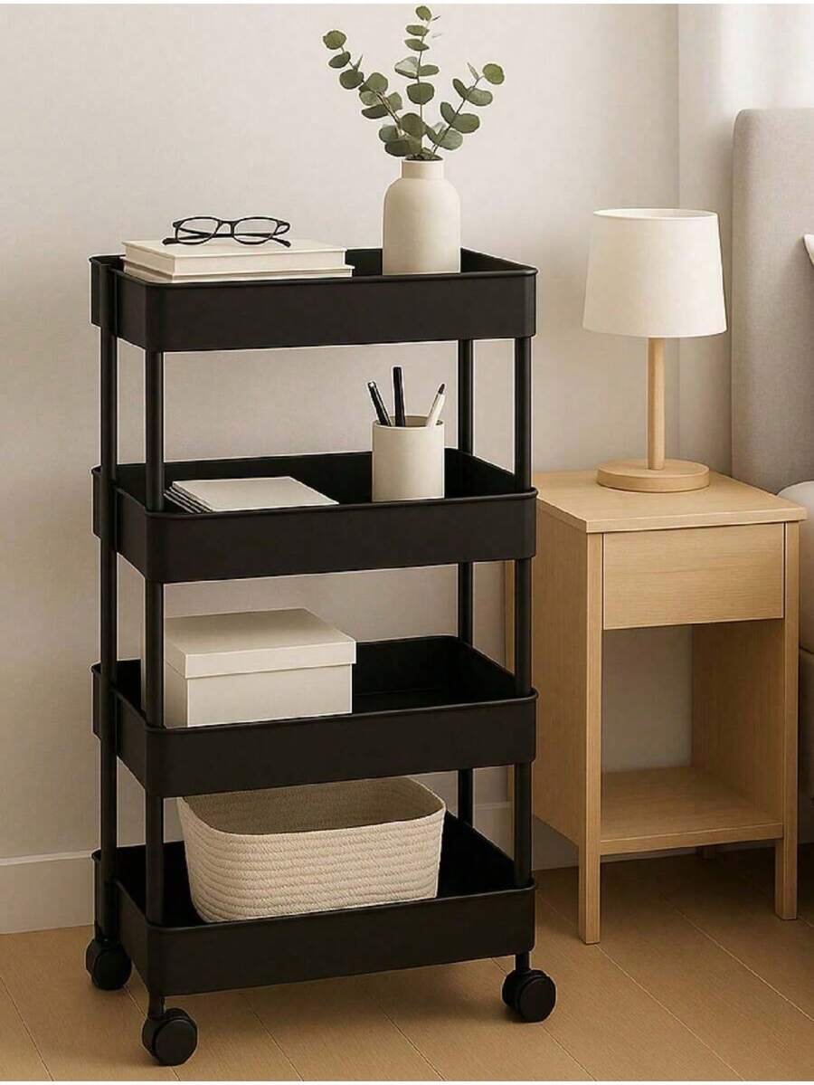 SH--4-Tier Organizer Cart with Rolling Wheels, Multifunctional Shelf for Kitchen, Bathroom and Office--recomendar - negro - Ver 1
