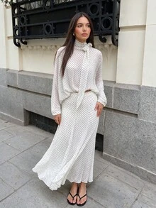 Women's Polka Dot Chiffon Two Pieces Set Tie Neck Batwing Sleeve Top High Waist Flowy Long Skirt Elegant White - White - View 1