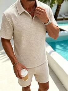 2pcs Men's Turn-Down Collar Button-Up Short Sleeve Top + Elastic Waist Shorts Pajama Loungewear Set - Apricot - View 5