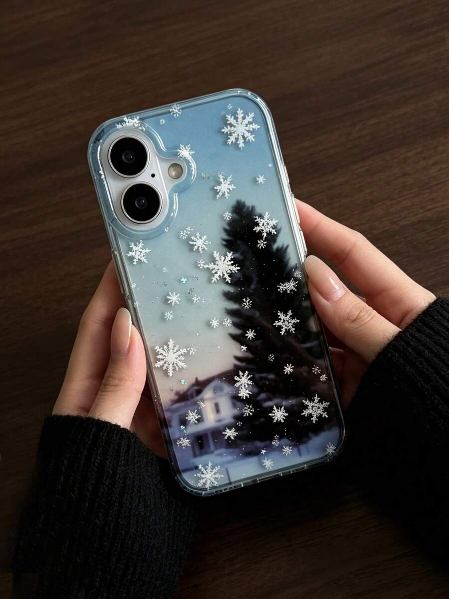 1 buah Casing Ponsel Motif Gradien Biru Musim Dingin Pohon Pinus Kabin Kepingan Salju, Perlindungan Anti Benturan Lensa Penuh, Aksesori Gaya Musim Dingin Korea, Hadiah Kejutan Natal, Kompatibel dengan iPhone 11 12 13 14 15 16 17 Pro Max - MultiWarna - View 1