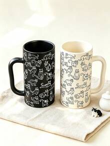 Minimalist Line Art Cat Print Ceramic Tall Coffee Mug, Black & White Kitten Drinkware, Cute Desk Decor, Cat Mom Birthday Gift - Cat Mug - View 4