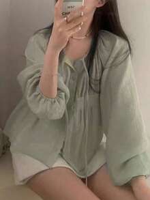 Kemeja Lengan Panjang Wanita YCYC, Potongan Longgar Musim Semi/Panas, Gaya Santai, Blus Lembut Berlipit Kancing Tunggal Serbaguna - Mint Green - View 2