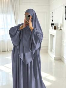 2pcs/Set Khimar+Abaya) Soft Muslim Prayer Outfit, Long Abaya With Matching Hijab, Casual Outing Essential Fashion Item (Hijab+Dress) - Multicolor - View 6