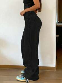 女款復古寬鬆堆疊直筒牛仔褲 休閒黑色 春秋款 - 黑色 - 查看 3