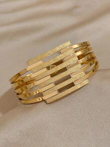 Geometric Hollow Horizontal Strip Matte Gold Stainless Steel Bracelet, Multi-Layer Stackable Wide Cuff, Commuter Luxury Chic Exquisite Hypoallergenic Fade-Resistant Hand Jewelry - Gold - View 2