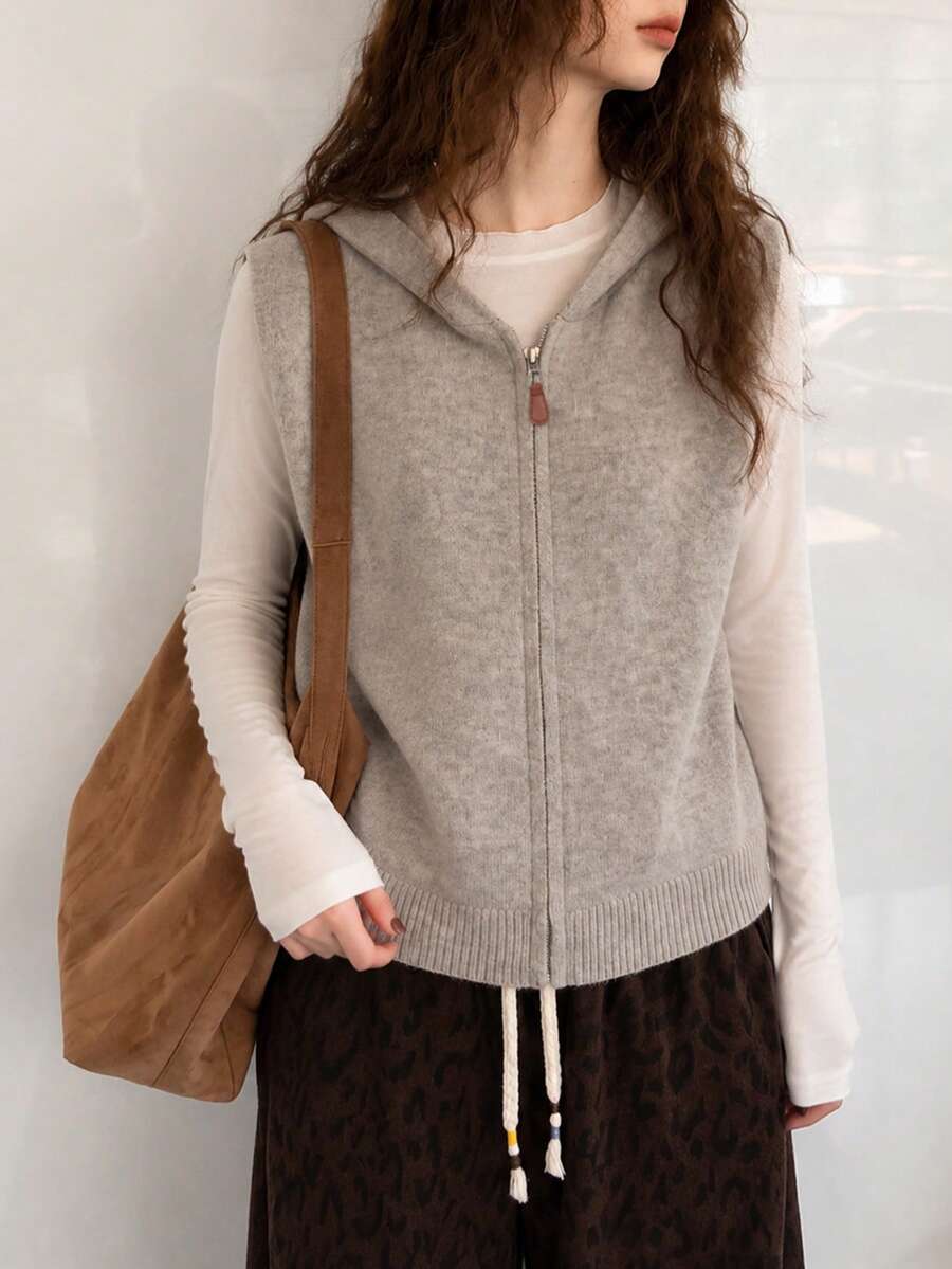 Women's Autumn/Winter Minimalist Casual Elegant Solid Color Hooded Knit Cardigan Sweater Vest Top Fall - Apricot - View 1