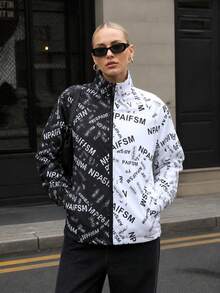 1pc Women's Spring/Autumn New Fashion Versatile Outdoor Street Style Letter Elastic Cuff Adjustable Hem Sports Climbing Top Design Niche Black & White Patchwork Jacket - Black and White - View 4