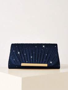 Luxury Charming Shiny Metallic Patchwork Envelope Clutch, Magnetic Closure Elegant Fashionable Evening Bag, Chain Bag For Women's Birthday Party And Wedding Dance - Navy Blue - View 2