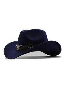 1pc Pure Black Faux Wool Western Cowboy Hat With Dark Brown Leather Hat Band, Decorated With Silver Bull Head Badge And Vintage Metal Round Buckle, Black And Brown Contrast Cool Style, Shapeable Wide Brim, Outdoor Travel Photography Western Style Versatile Sun Protection Hat, Unisex - Top Hat - View 12