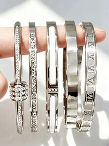 1pc/5pcs New Stainless Steel Waterproof Non-Fading Multi-Style Design (Roman Numerals, Waist-Shaped, Rhinestone-Studded, Etc.) Versatile Commute Luxury Accessory, Layering Jewelry, Hypoallergenic, Niche Design, Holiday Gift - Multicolor - View 1