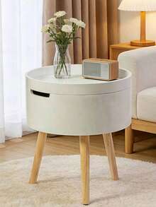 Lightweight Compact White Round Storage Nightstand, Flip Top Hidden Storage Bedside End Table With Stable Natural Wood Tripod Legs, Space Saving Small Accent Table For Guest Room Dorm Narrow Bedroom Daily Storage Use - White - View 9