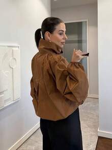 Street Style Solid Color Design Loose Fit Slimming Long Sleeve Bomber Jacket - Khaki - View 3