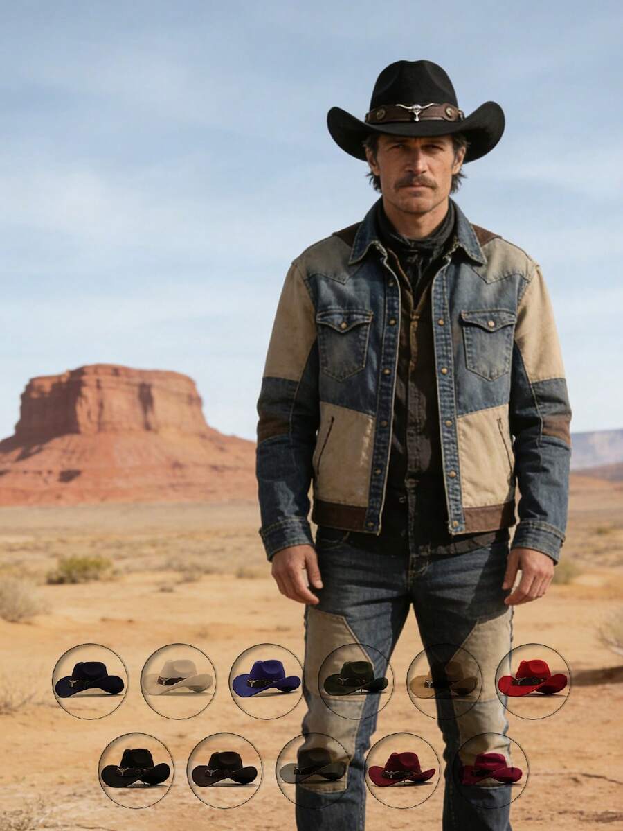 1pc Pure Black Faux Wool Western Cowboy Hat With Dark Brown Leather Hat Band, Decorated With Silver Bull Head Badge And Vintage Metal Round Buckle, Black And Brown Contrast Cool Style, Shapeable Wide Brim, Outdoor Travel Photography Western Style Versatile Sun Protection Hat, Unisex - Top Hat - View 1