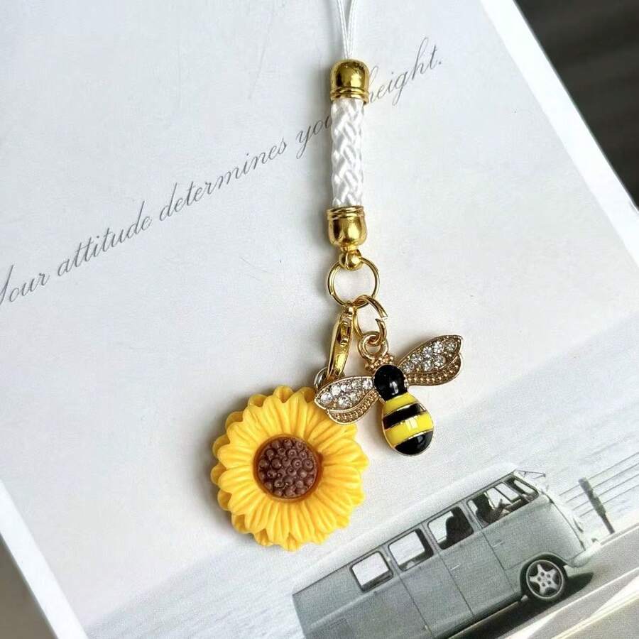 1/2pcs Rhinestone Bee & Sunflower Phone Charm Pendant, Creative Small Accessory, Suitable As Gift