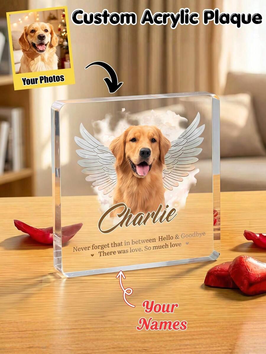 Custom Pet Memorial Acrylic Plaque, Personalized Dog And Cat Name And Date Commemorative Block, 1cm Thick Transparent Acrylic Photo Frame, Angelic Desktop Office Home Decor, Pet Owner Bereavement Mourning Gift Idea