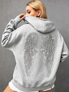 Women's Oversized Angel Wings Print Hoodie - Black Y2K Back Graphic Pullover,  Fall Winter  Streetwear , Comfy Oversized Silhouette2026 - 淺灰色 - 查看 3