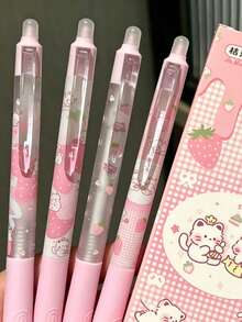 4pcs Strawberry Cat Retractable Erasable Blue Ink Pens, INS Style Student Erasable Blue Neutral Pens - Blue - View 2