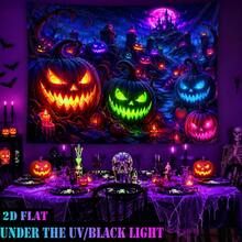 2D Flat - 1pc QD_VIVIOS Halloween Pumpkin Castle Night Scene Print Black Light UV Reactive Fluorescent Wall Tapestry Bedroom Decor Dorm Decor - Multicolor - View 9