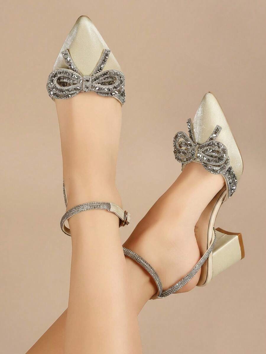 Women's Fashion Sandals Summer 2026 New Fairy Style Versatile Rhinestone Bow Strap High Heels - Beige - View 1