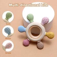 6-Point Teething Boat Steering Wheel Teether For Baby, Silicone And Beech Wood Teething Toy For Infant Teething Period - Multicolor - View 4