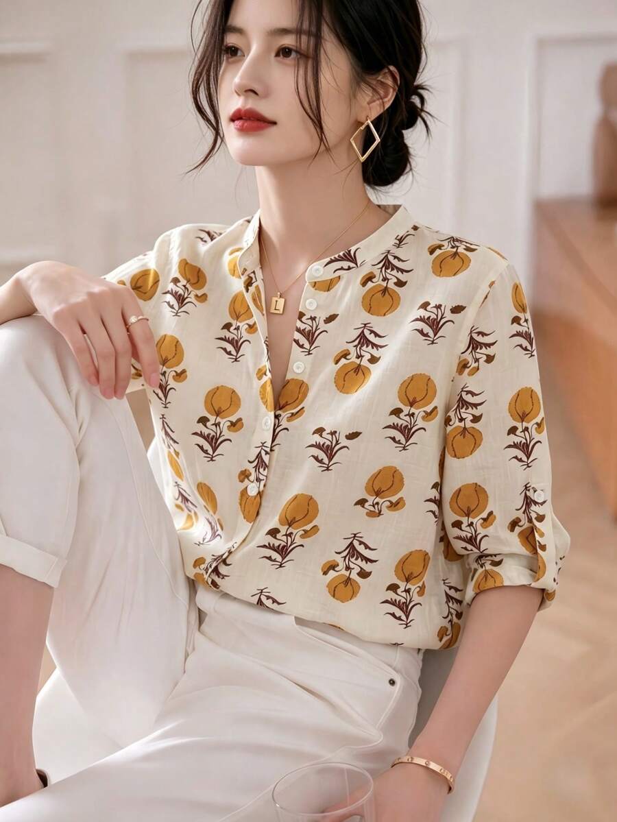 YUXIN 女款霧藍色水彩花卉印花立領七分袖襯衫，捲袖口修身透氣上衣，春夏辦公度假襯衫