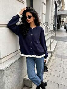 Cárdigan de punto con bolsillo, lazo, botones y contraste de color, informal para mujer, otoño/invierno - azul real - Ver 1