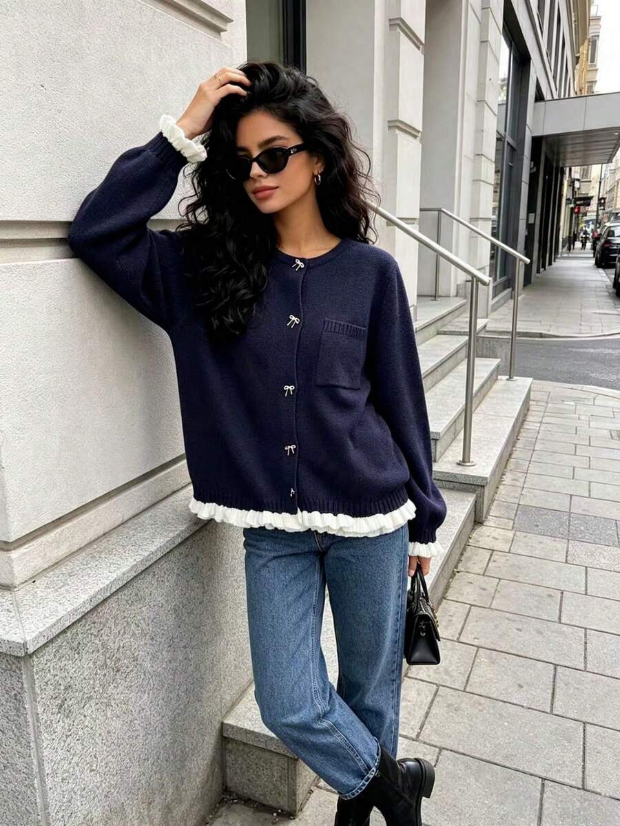 Cárdigan de punto con bolsillo, lazo, botones y contraste de color, informal para mujer, otoño/invierno - azul real - Ver 1