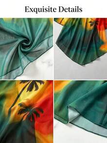 AIJ Women's Autumn Tropical Gradient Palm Tree Print Cold Shoulder Short Sleeve Loose Flowy Blouse, Suitable For Beach Vacation, Daily Casual Wear Summer - Gradient Orange-green - View 4