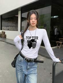 Niche Brand Unique Square Shoulder Long Sleeve Base Layer, Women's T-Shirt, Autumn Retro Portrait & Letter Print Y2K Top - White - View 3