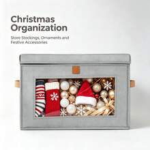 1pc Foldable Christmas Storage Box With Transparent Front Window, Stackable Fabric Holiday Decor Organizer Bin With Sturdy Leather Handles And Dust Cover, Suitable For Christmas Stockings, Ornaments, Ribbons And Holiday Supplies - Multicolor - View 4