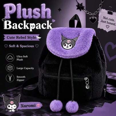 Asmodee 2026 Sanrio New Women's Fashion Backpack, Sanrio Official Licensed Kuromi My Melody Hello Kitty Plush Backpack, Soft Cute Lightweight Drawstring Flap Mini Backpack, Zipper Front Pocket Large Capacity Storage, School Style Back To School Business Travel Budget Airline Size Expandable Unisex Style, Summer Beach Vacation Easter Mother's Day Gift, Share