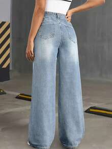 Teen Girl Bright Steel Blue Casual Fashion Multi-Craft Straight Leg Jeans - Light Wash - View 3